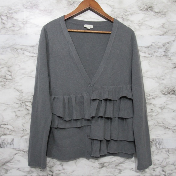 Garnet Hill Sweaters - Garnet Hill 100% Wool Gray Ruffled V Neck Cardigan Sweater Size Large